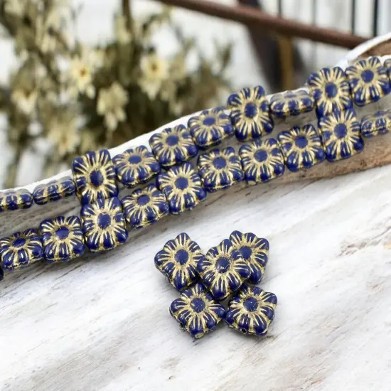 *13* 11mm Gold Washed Opaque Cobalt Square Zinnia Flower Beads {1}