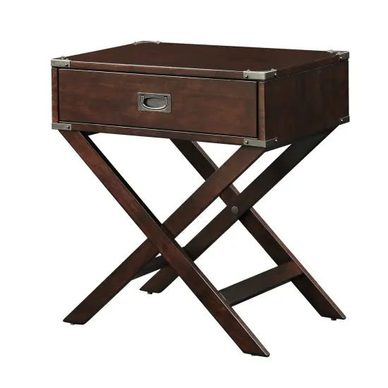 Rectangle Solid Wood End Table with Bronze Hardware Dovetailed Drawer and Cross Leg Base Black {6}