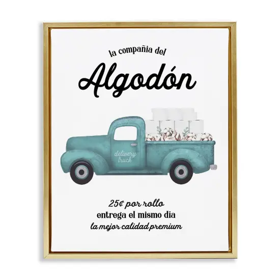 Stupell Industries Algod&oacute;n Ba&ntilde;o Cami&oacute;n Azul Framed Floater Canvas Wall Art Gold Floater Frame {1}