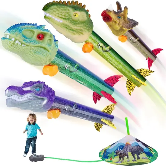 Dinosaur Toy Rocket Launcher for Kids - Launch up to 100 Ft, 4 Rockets, Outdoor outside Toys for Kids, Dinosaur Toys, Birthday Gifts for 3 4 5 6 7 8-12 Year Old Boys Girls Assorted {1}