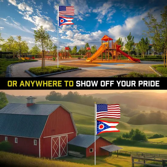 G128 Combo Pack: 20 Ft Telescoping Aluminum Flagpole (Silver) & American and Ohio Flags 3x5 Ft, Both ToughWeave Series Embroidered Polyester | Pole with Flags Included {6}
