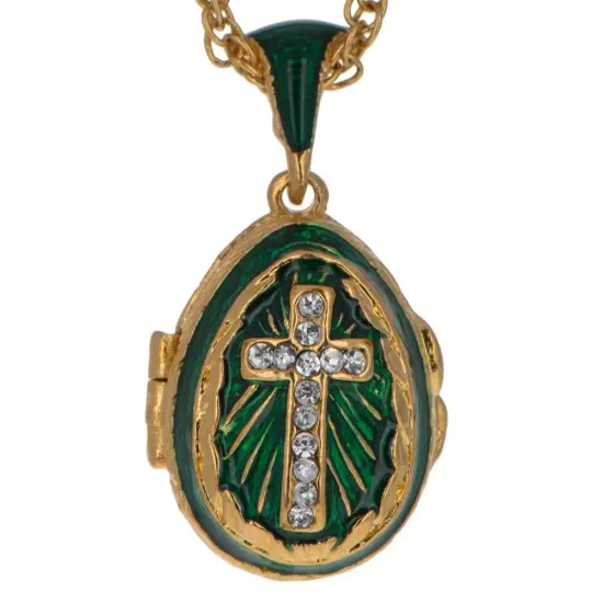 Green Enamel Crystal Cross Royal Egg Pendant Necklace {4}