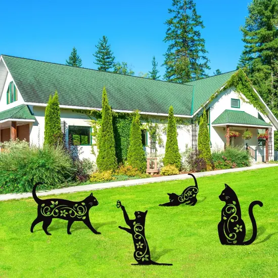 4 Pack Black Cat Silhouette Cute Metal Cat Garden Statues {4}