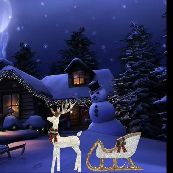 Silver Cotton Thread Deer and Sleigh Set 48" Deer & 38" Sleigh Decor {2}