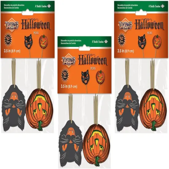 Paper Vintage Halloween Party Food Picks Cat Pumpkin Cupcake Toppers {6}
