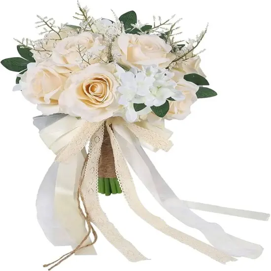 Wedding Bouquets for Bride Bridesmaid, White Champagne Ivory Bridal Bouquet Artificial Flowers Roses Tossing Bouquet for Wedding Ceremony {1}