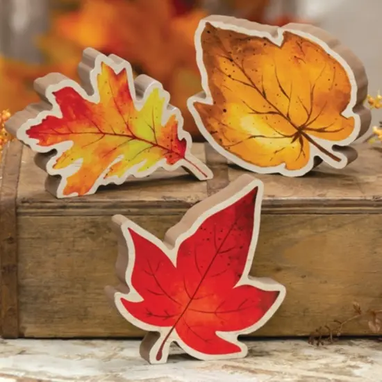 3 Asstd. Chunky Wood Fall Leaf Sitters Wooden Autumn Decor for Tabletop {5}