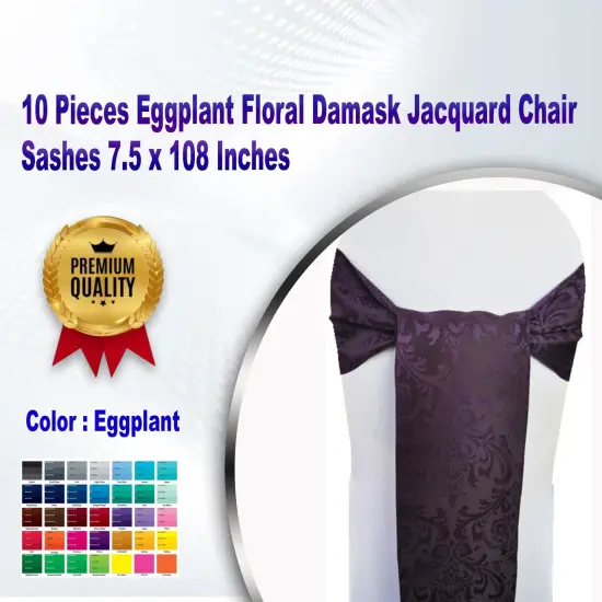10 Pieces Eggplant Floral Damask Jacquard Chair Sashes 7.5 x 108 Inches {1}
