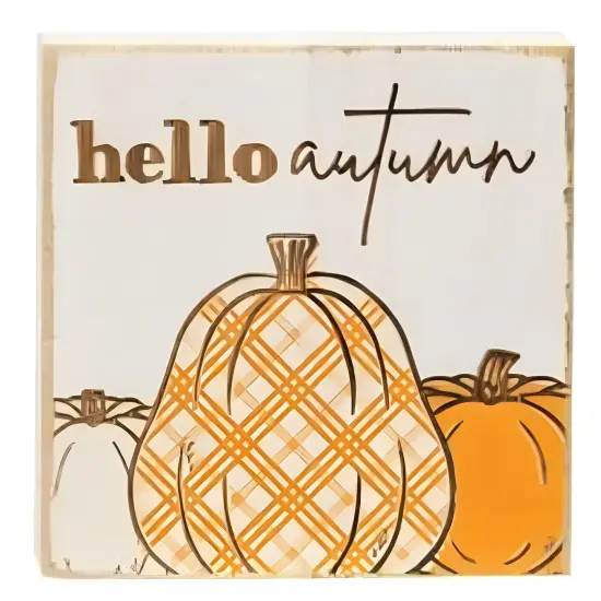 Wooden Fall Decor Blocks with Pumpkin Graphics, Freestanding Seasonal Signs 2 Asstd. {3}