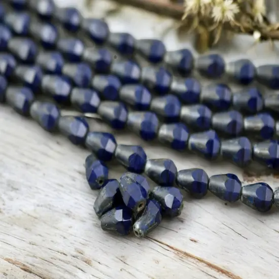 *15* 6x8mm Navy Blue Picasso Vertical Teardrop Beads {4}