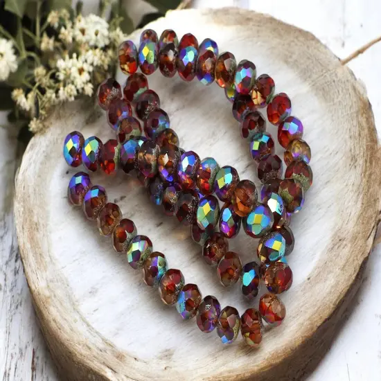 *25* 6x8mm Antique Silver Washed Ruby Sunset Fire Polished Rondelle Beads {3}