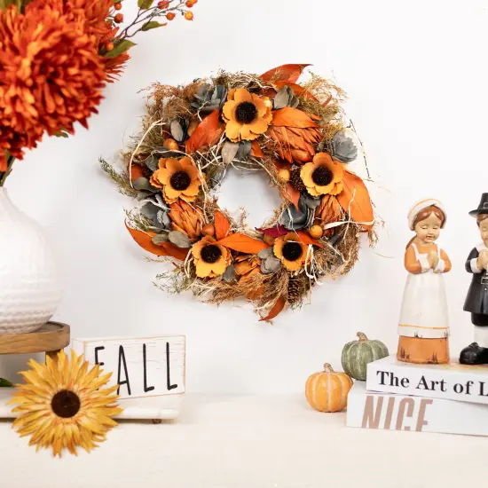 Northlight Sunflower and Wheat Artificial Fall Harvest Wreath - 12" - Unlit Orange {1}