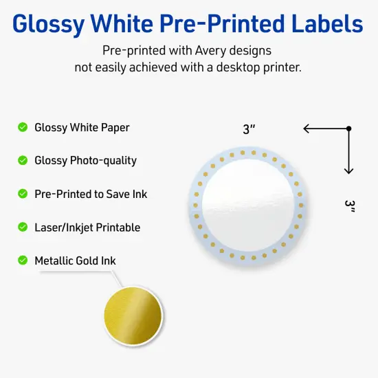 Avery Printable Round Labels, Gold Dots with Blue Border, 3" Diameter, Glossy White Round Labels, Permanent, Laser/Inkjet, 60ct, Great for Product Labels {2}