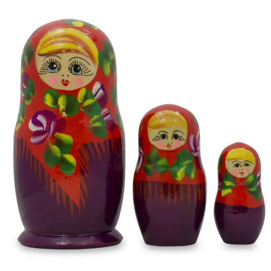 Set of 3 Deep Red Dress WoodenNesting Dolls 3.5 Inches {1}