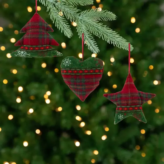 Northlight Plaid Heart, Tree and Star Christmas Ornaments - 5" - Red and Green - Set of 3 {1}