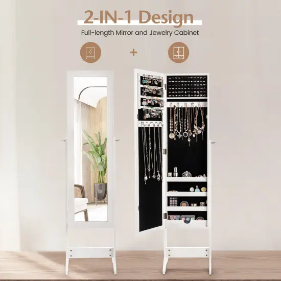 Full Length Mirrored Standing Jewelry Cabinet Storage Box White {6}
