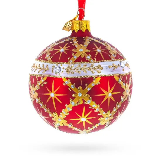 Diamond Trellis on Red Glass Ball Christmas Ornament 3.25 Inches {4}