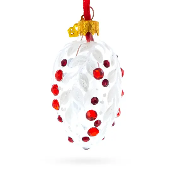 White with Red Gem Accents and Leaf Design Mini Glass Egg Ornament 2.9 Inches {3}