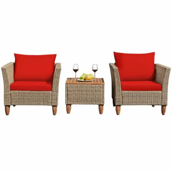 3 Pieces Patio Rattan Furniture Set With Washable Cushion for Yard Porch Beige {5}