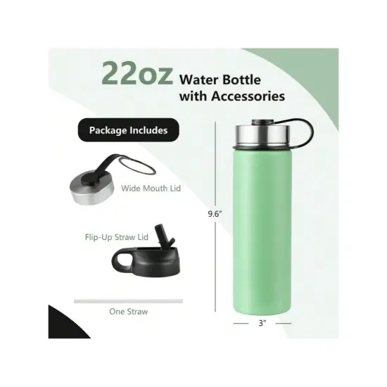 22 Oz Double-walled Insulated Stainless Steel Water Bottle with 2 Lids and Straw Green {3}