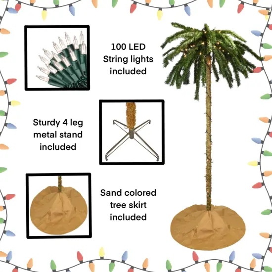 Tree Buddees 7 Foot Tall Prelit Palm Tree Christmas Tree with Sand Colored Skirt & 100 White LED Lights {3}