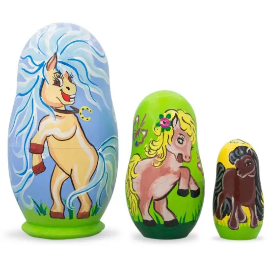 Set of 3 Pony Horses Wooden Nesting Dolls 4.25 Inches {1}
