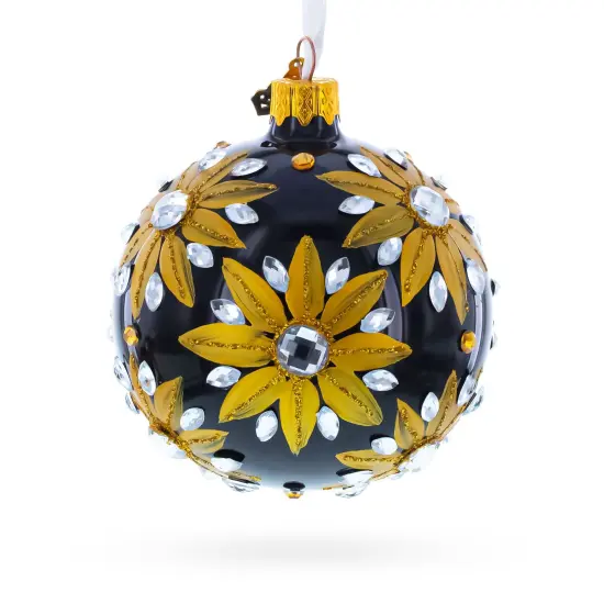 Golden Glitter Sunflower with Crystal Embellishments Glass Ball Christmas Ornament 3.25 Inches {1}