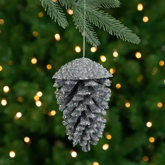 Northlight Glitter and Sequin Pine Cone Christmas Ornament - 5" - Silver {1}