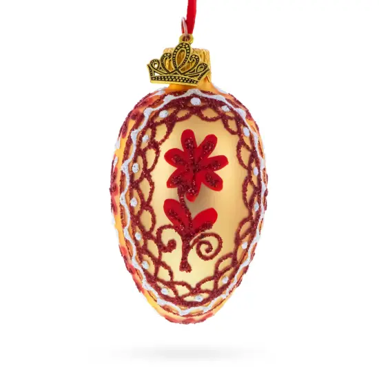 Cream with Red Floral and Lace Accents Mini Glass Egg Ornament 2.9 Inches {1}