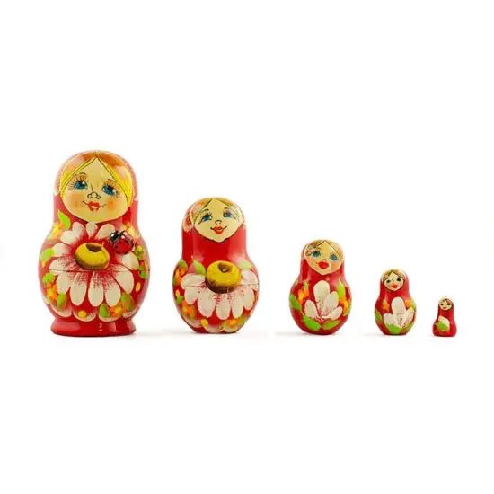 Set of 5 Daisy Flowers on Red Dress Nesting Dolls 3.5 Inches {1}