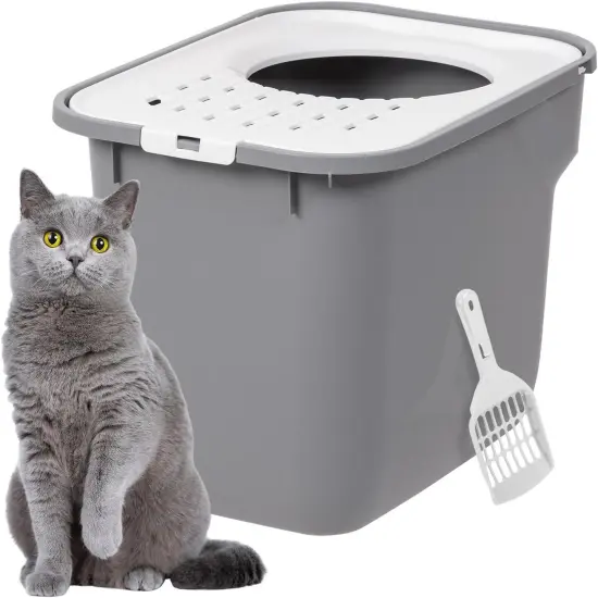 IRIS USA Square Top Entry Cat Litter Box with Scoop, Gray/White {1}