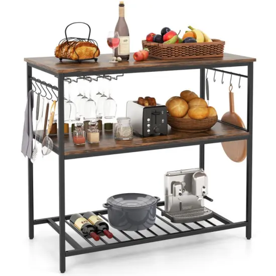 3 Shelves Kitchen Island Industrial Prep Table with Bottom Wine Rack-Rustic Brown {5}
