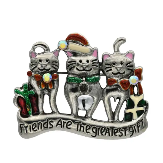 Silver Finish "Friends Are the Greatest Gift" Cat Pin Brooch {1}