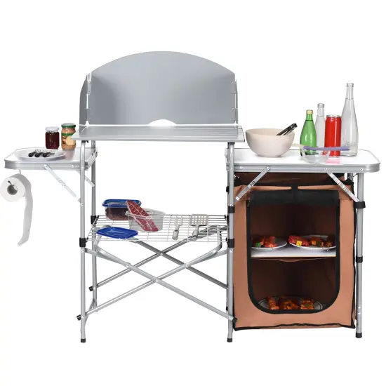 Fold-able Outdoor BBQ Portable Grilling Table With Windscreen Bag Grey {8}