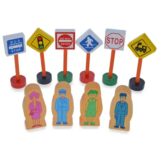 Set of 40 Pieces City Vehicles, Buildings, and Signs Wooden Blocks {4}