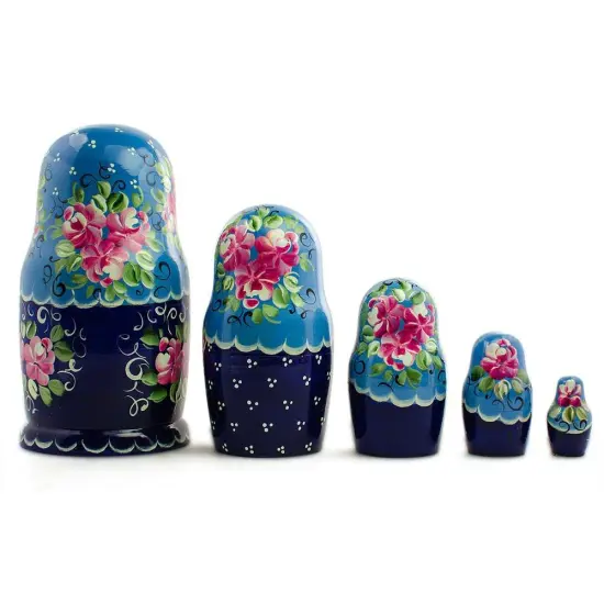 Set of 5 Blue Floral Dress Girls Wooden Nesting Dolls 7 Inches {3}