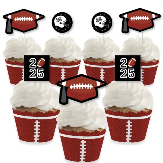 Big Dot of Happiness Grad Football - Cupcake Decoration - 2025 Graduation Party Cupcake Wrappers and Treat Picks Kit - Set of 24 {1}