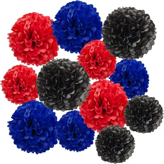 12pcs Red Blue and Black Paper Pom Poms Decorations for Spiderman Birthday Party Decorations - 3 Colors of 12 Inch, 10 Inch {1}