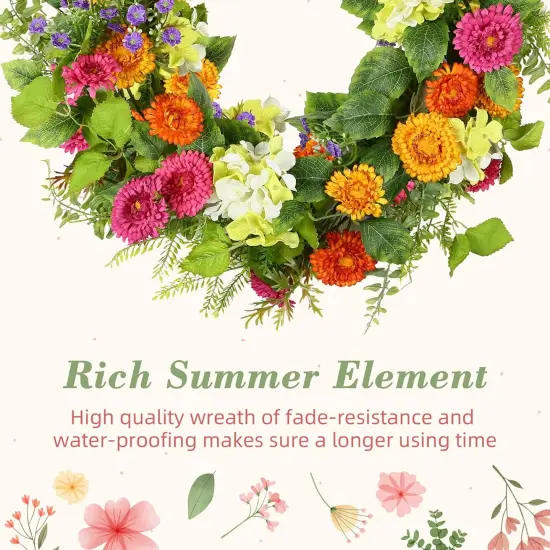 18" Summer Floral Wreaths for Front Door Summer Wreath with Daisy Flowers Green Tea Leaves, Artificial Floral Wreath Green Foliage Wreath for Wall Window Farmhouse Party Holiday Home Decor {5}