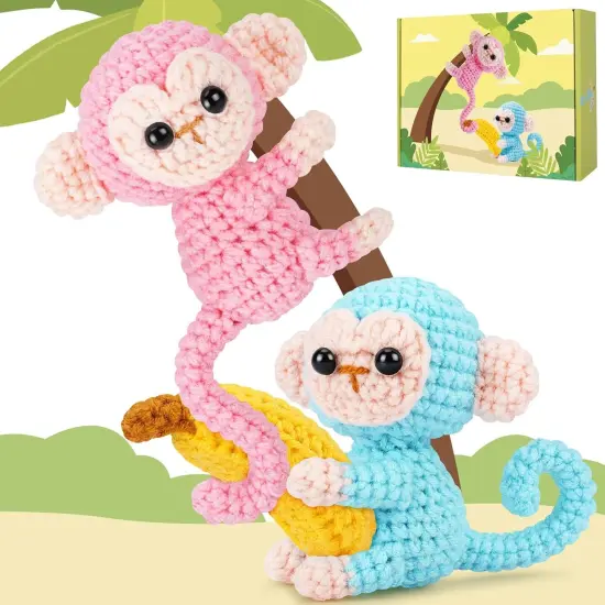 Crochet Kit for Beginners - 2 PCS Monkey with Banana, Step-by-Step Video Tutorials, for Adults and Kids (Blue & Pink) {1}