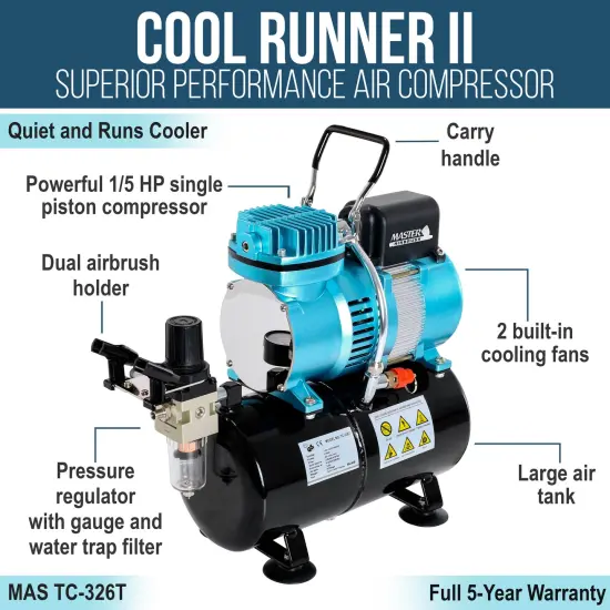 Cool Runner II Dual Fan Air Storage Tank Compressor System Kit with Master Elite Plus Ultimate Airbrush Set with 3 Tips 0.2, 0.3 and 0.5 mm, Case {5}
