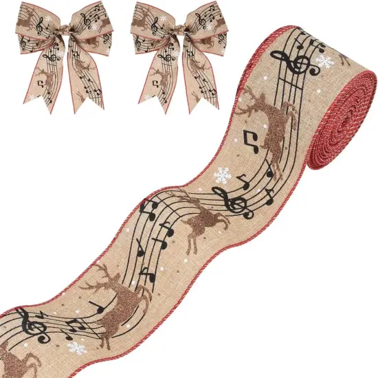 Christmas Deer Wired Ribbon Musical Note Burlap Jute Ribbon Wreath Ribbon for Xmas Home Decor,Gift Wrapping Bow Making DIY Crafts {1}