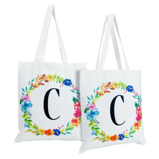 Set of 2 Reusable Monogram Letter C Personalized Canvas Tote Bags for Women, Floral Design (29 Inches) White {1}
