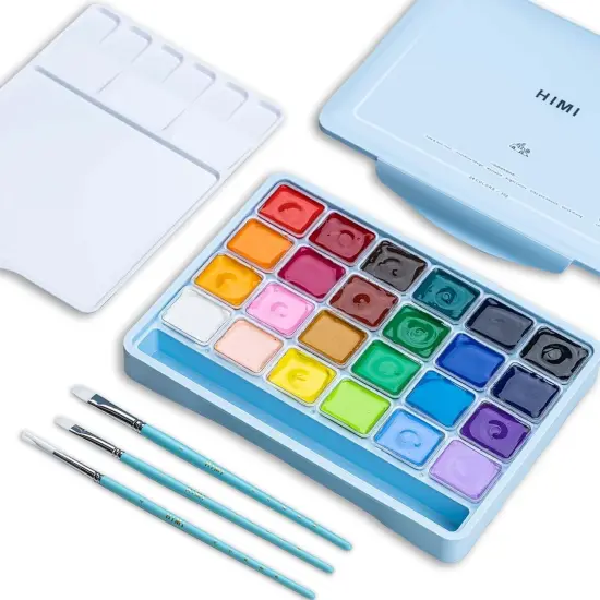Gouache Paints set with 3 Paint Brushes, 24 Colors, 30g, Jelly Cup Design, Non Toxic Paint for Canvas and Paper, Art Supplies for Professionals (Ice Blue Case) {5}