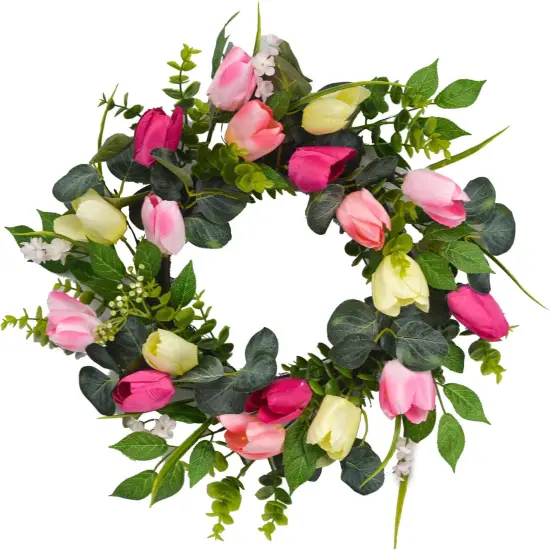 22" Tulip Summer Floral Wreath for Front Door, Summer Floral Wreath with Eucalyptus Leaves, Money Plant, Ferns for Indoor Outdoor Wall Festival Home Farmhouse Wedding Summer Home Decor {1}