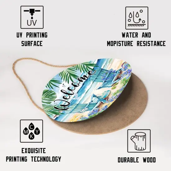 Sea Chair Front Door Sign Flower Wall Hanging Round Door Hanger Farmhouse Coastal Beach Wooden Wreath for Front Door Hello Summer Outdoor Porch Decor 12"X12" {3}