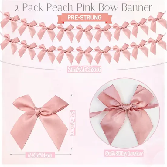 2pcs Bow Garland Banner, Ribbon Bow Party Decorations for Baby Shower Girls Bow Coquette Birthday Party Decor (Peach Pink) {2}