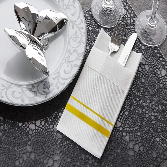 Disposable Dinner Napkins Cloth Like with Built-in Flatware Pocket,Wedding Party Linen Feel White and Golden Napkin, Prefolded for Silverware, 50 Counts {3}