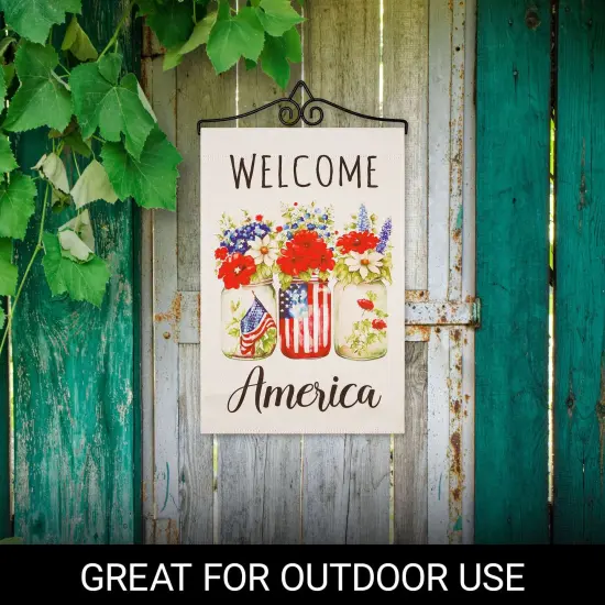 G128 Combo Pack Garden Flag Hanger 14IN & Garden Flag Welcome America Mason Jars Printed 12x18IN Double Sided Yard Garden Lawn Decoration {4}