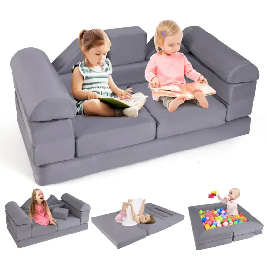Suede Fabric Convertible Kids Play Couch Set with Foam Blocks and Cushions Pink {8}